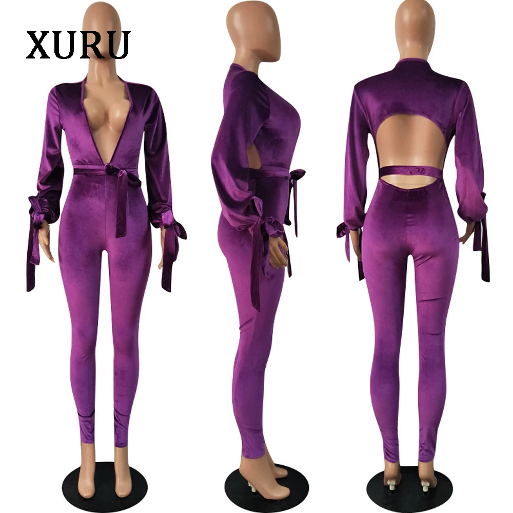 XURU осень синий фиолетовый сексуальный комбинезон девять штанов бархатный v-образный вырез комбинезон с длинным рукавом Плотная спортивная