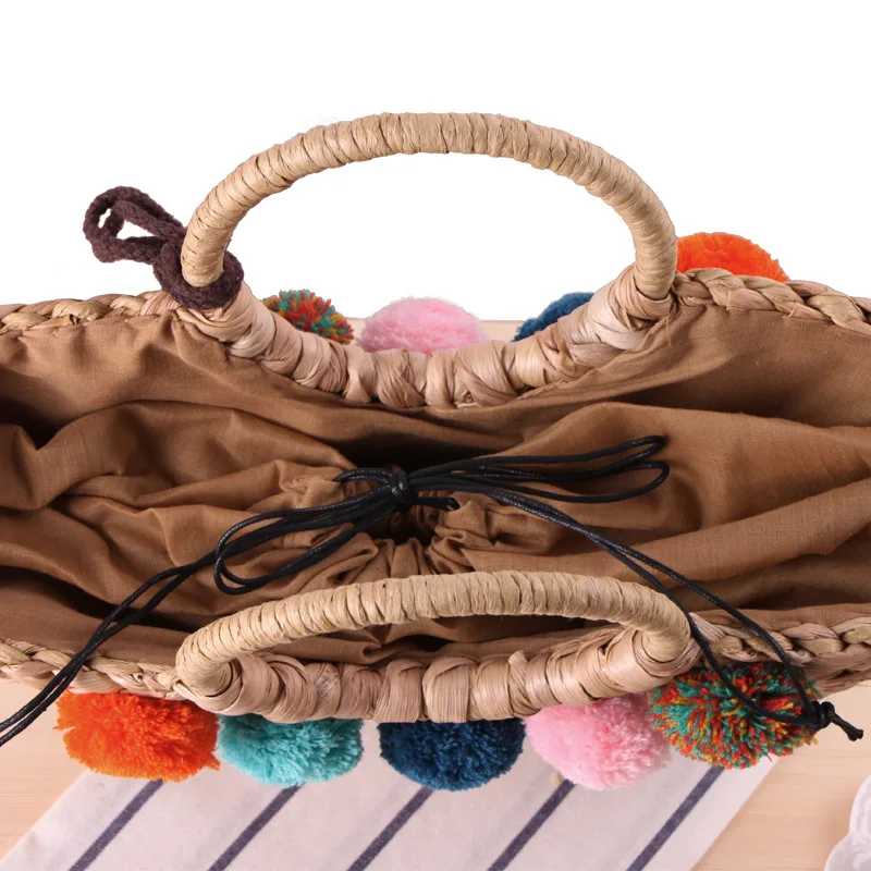 Pompon Women's Straw Hand Bag Large Shoulder Tote Bucket Summer Bags Women Tassel Rattan Bag Braided Bolsa Feminina C98