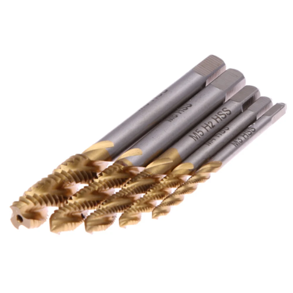 

5pcs/set Titanium Coated Thread Tap Drill Metric HSS Spiral Fluted Machine Screw Tap M3-M8 Spiral Pointed Taps