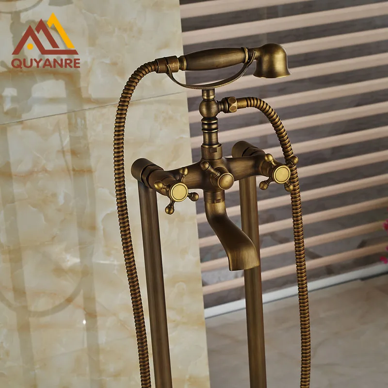 Classic Floor Standing Bath Tub Faucet Dual Handles With Handshower Hot