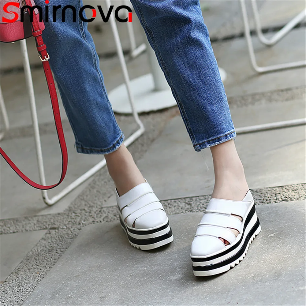 

Smirnova 2018 spring summer new arrival shoes woman square toe flat platform wedges shoes women genuine leather flats casual