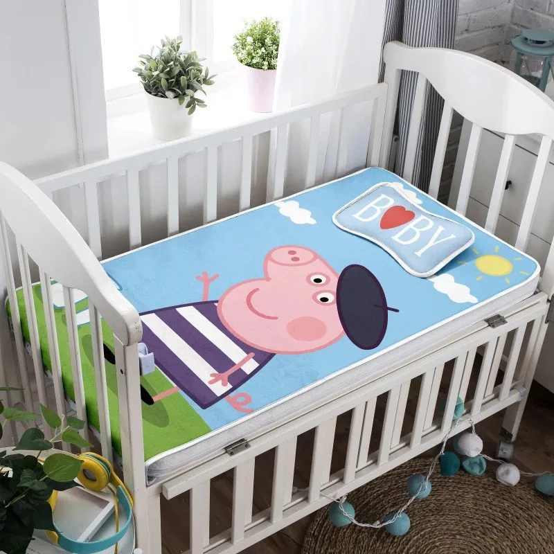 

2Pcs Summer Baby Sheet Pillow Sets Breathable Cartoon Knit Ice Silk Newborn Bed Mat Kit Baby Crawling Mattress Bedding