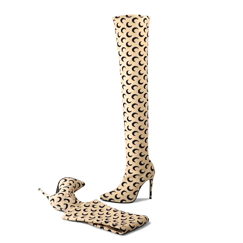 

Newest autumn winter women boots 2019 Fashion Brand design thin high heels knee-high boots woman printed sexy long boots 35-42