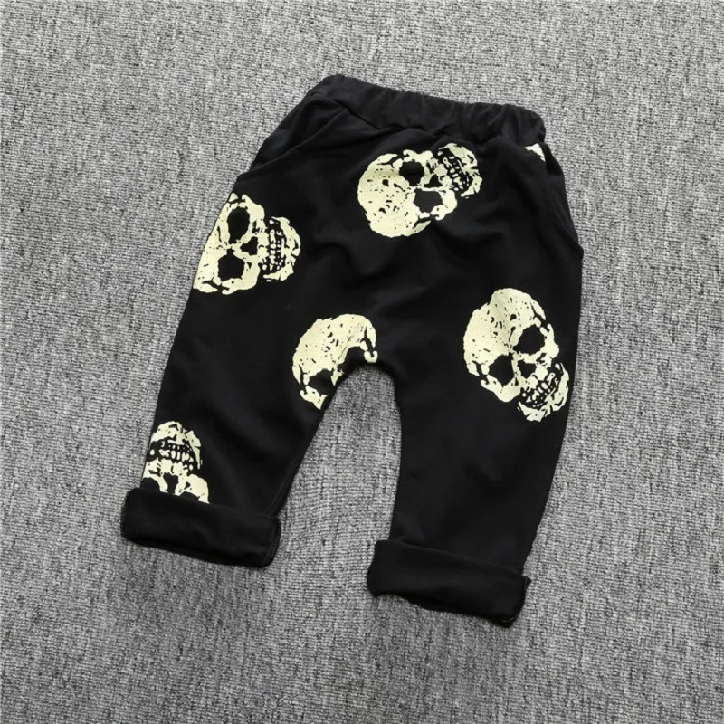Sqbcmw/ г. Лидер продаж, детская одежда унисекс, размер 100-150 детские штаны для маленьких мальчиков, брюки шаровары для девочек черные штаны с черепами