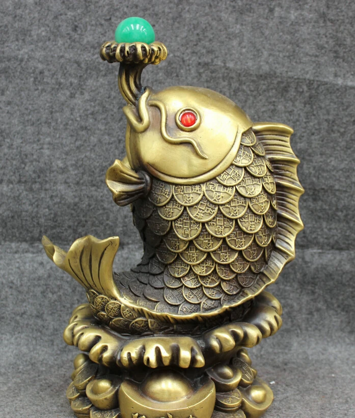 

USPS to USA S1497 12" Chinese Pure Brass Wealth Coin JiXiang Fish Statue Bronze Animals Sculpture B0401