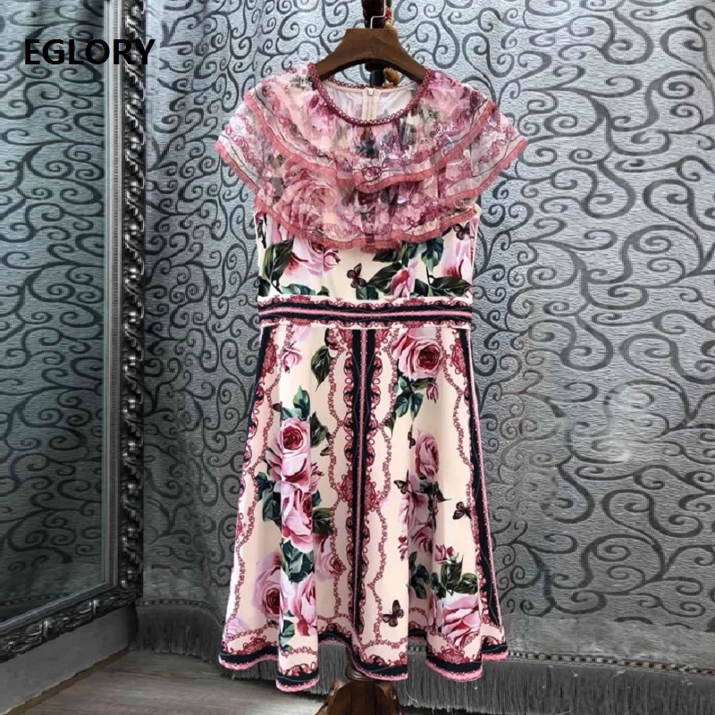 

Novia Party 2019 Summer Fashion Party Club Dresses Ladies O-Neck Butterfly Floral Print Ruffle Lace Patchwork Blue Pink Dress