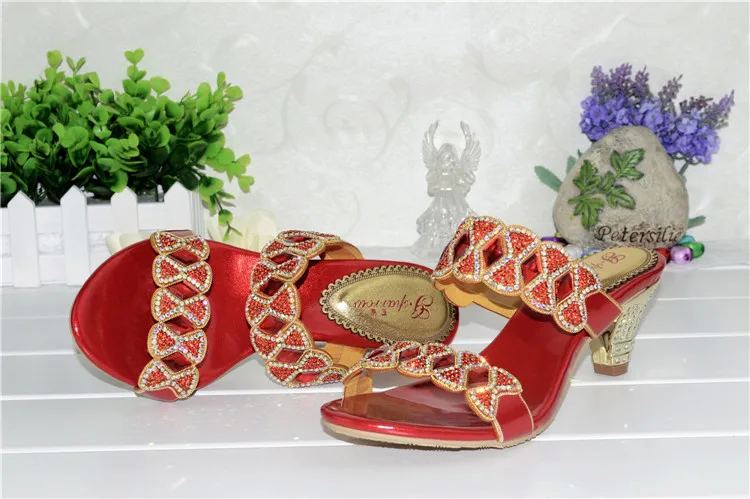 2017 Summer Womens Shoes High-heeled Slippers Sexy Sweet Diamonds Sandals Female Red 6cm-7