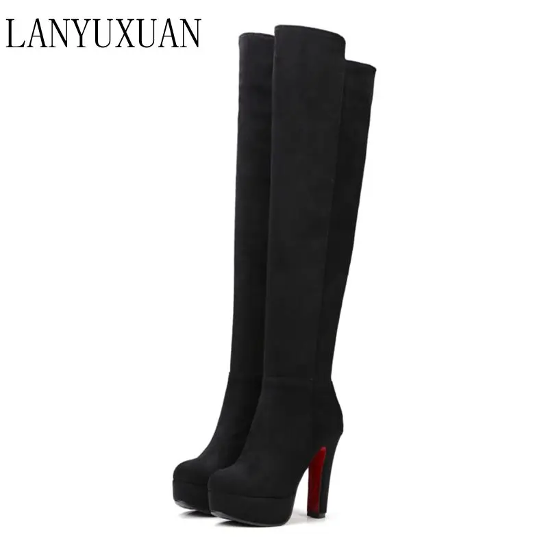 

LANYUXUAN Winter Boots Woman Over The Knee Boots Square High Heels Fashion Round Toe Elastic Women Shoes Big Size 34-43 2159