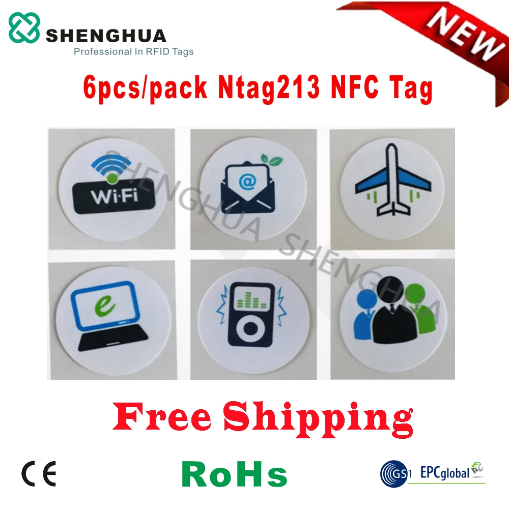 

6pcs/pack Pre-printed RFID Tags HF 13.56MHz Label Sticker Disposable NFC NT213 Chip NFC Tag For Mobile Payment