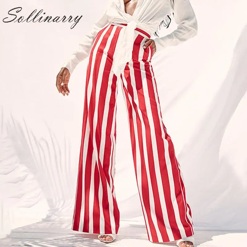 

Sollinarry High Fashion Women Wide Leg Trousers Autumn Chic Stripe Casual Long Pants Female 2019 New High Waist Winter Capris