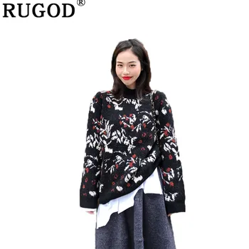 

RUGOD Spring Winter Knitted Sweater Women Fashion Floral Print O Neck Long Sleeve Pullover Casual Soft Warm Sweaters Pull Femme