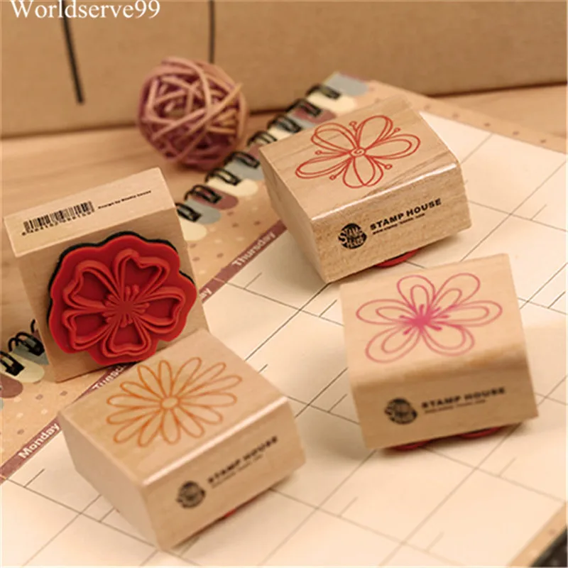 Different Flowers Pattern Wooden Rubber Stamp Blocks Craved Printing