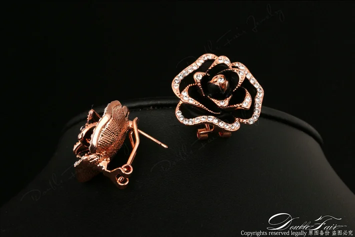 Серьги-гвоздики с черными розами, кубическим цирконием и кристаллами, розовое золото, модное винтажное ювелирное изделие для женщин, brincos joias DFE729