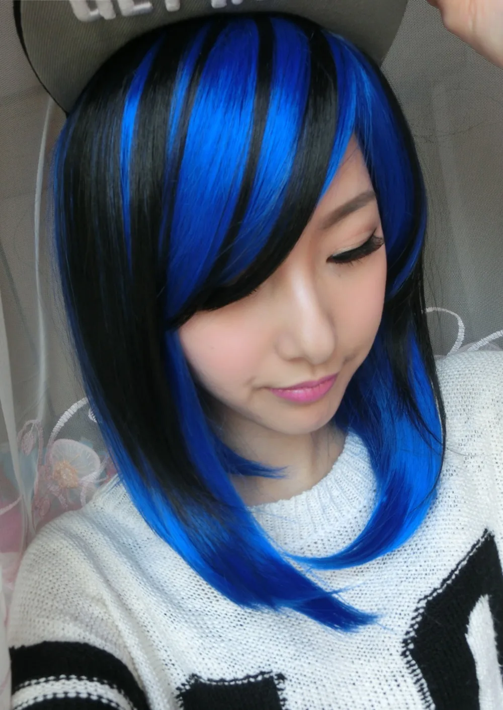 36cm Women S Girls Short Hair Wigs Blue Mixed Black Two Tone