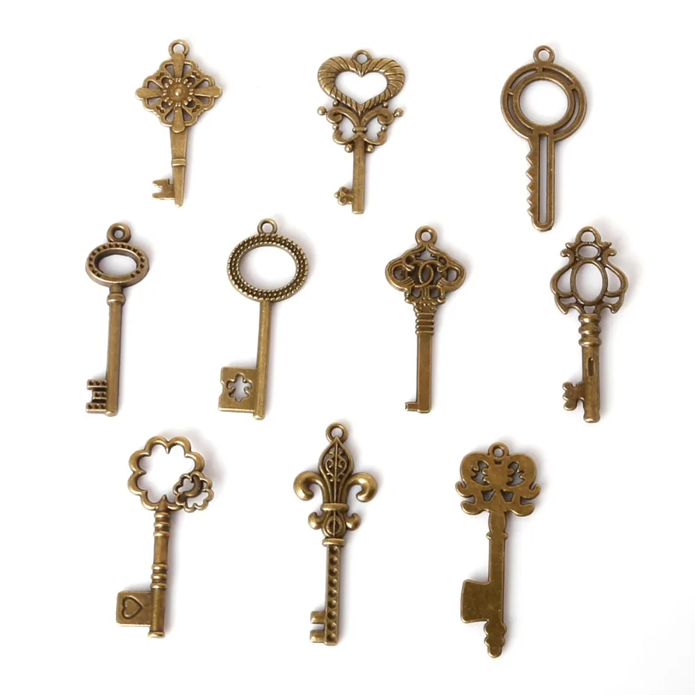 Mix 36pcs/lot Vintage Charms key Pendant Antique bronze Fit Bracelets