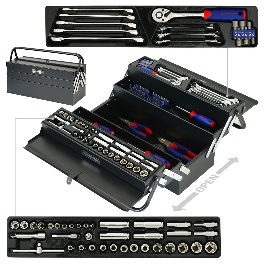 WORKPRO Tool Set Metal Box 183PC Home Tool Set Hand Tool Kits Screwdrivers Pliers