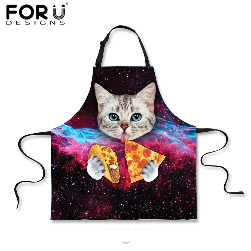 FORUDESIGNS Funny Space Galaxy Cats with Pizze Blue Kitchen Aprons for Men Women Black Cute Colorful Horse Taco Cat Tumblr Apron
