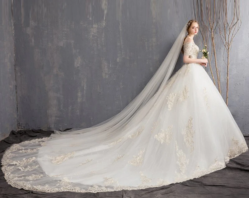 

Vestido de Noiva 2019 Princess Wedding Dress Short Sleeves Boat Neck Long Train Lace Ball Gown Bridal Bride Dress Robe De Mariee