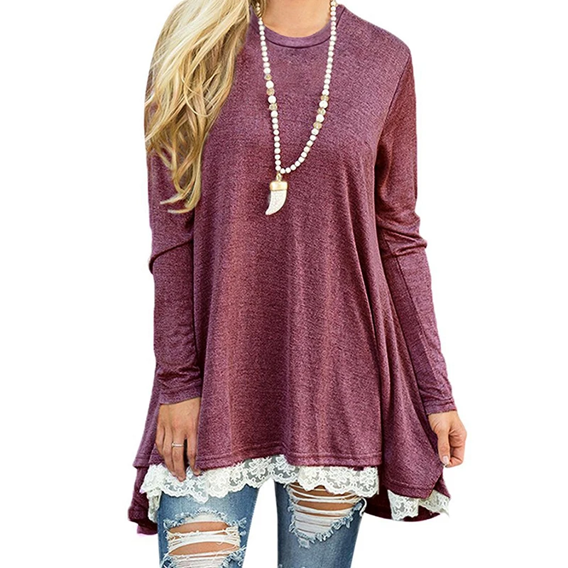 Women Lace Patchwork Blouse Long Sleeve Ladies Loose Pullovers Casual Tops and Blouses Shirt Tops Plus Size XXL