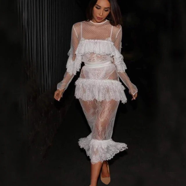 All White See Through Party Dress Sexy Mid Calf Midi