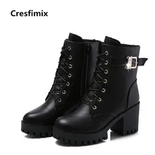 Cresfimix botas femininas botas mulheres de rua ocasional preto pu leather lace up botas legais femininos confortáveis botas botas de senhora bonito c2840