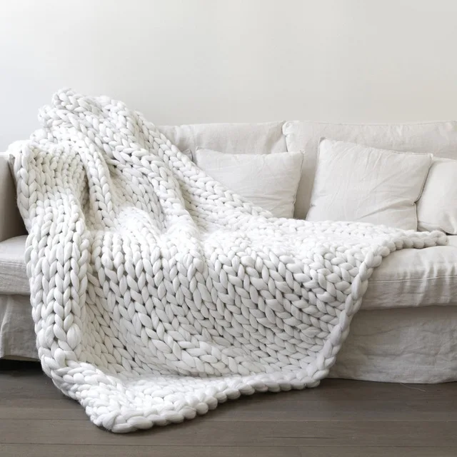Шерстяное большое вязаное одеяло из мериносовой шерсти для взрослых, мягкое теплое вязаное крючком покрывало для дома ручной работы, покрывало домашний декор - Цвет: White