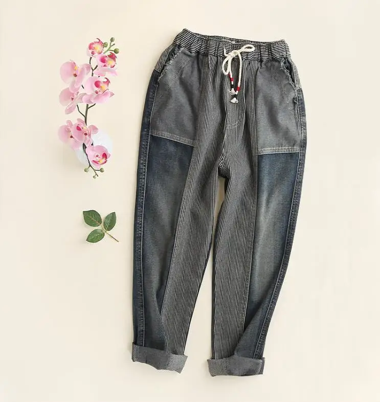 

Summer Print Denim Pants Big Size Women 2019 Japanese Mori Girl Elastic Waist Jeans Draw String Casual Trousers YoYiKamomo