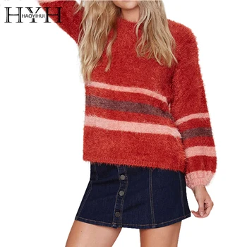 

HYH HAOYIHUI 2017 Brand New Autumn Winter Women Mohair Loose Lantern Sleeve Red Sweater Color Block Casual Knitting Sweater