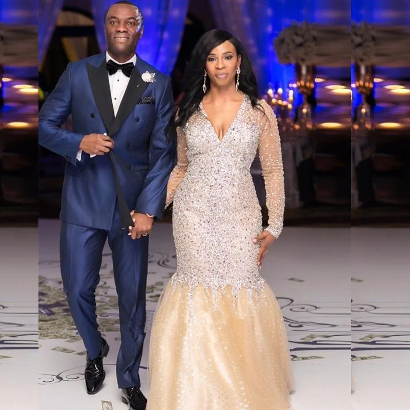 Gorgeous Beaded Mermaid Prom Gowns Elegant Long Sleeve Plus Size Evening Gowns Free Custom Made Gold Long Formal Party Dresses