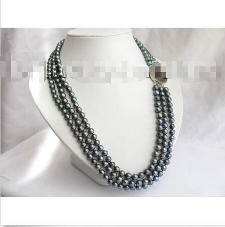 

Free shipping >>>>>>Authentic nature 3row 8mm round black pearls necklace old money clasp j3111