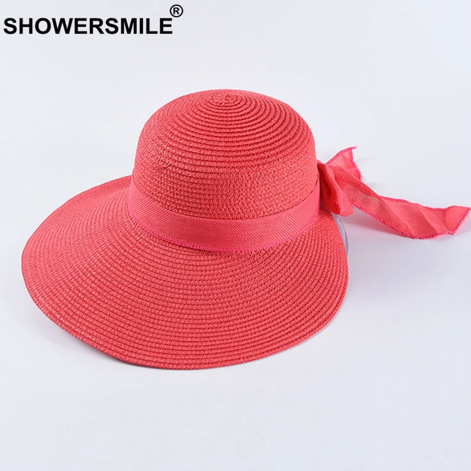 SHOWERSMILE большой соломенная шляпа с полями Для женщин 12 см Rosered женский головной убор от солнца модные бумажный с бантом Соломенная УФ-защита