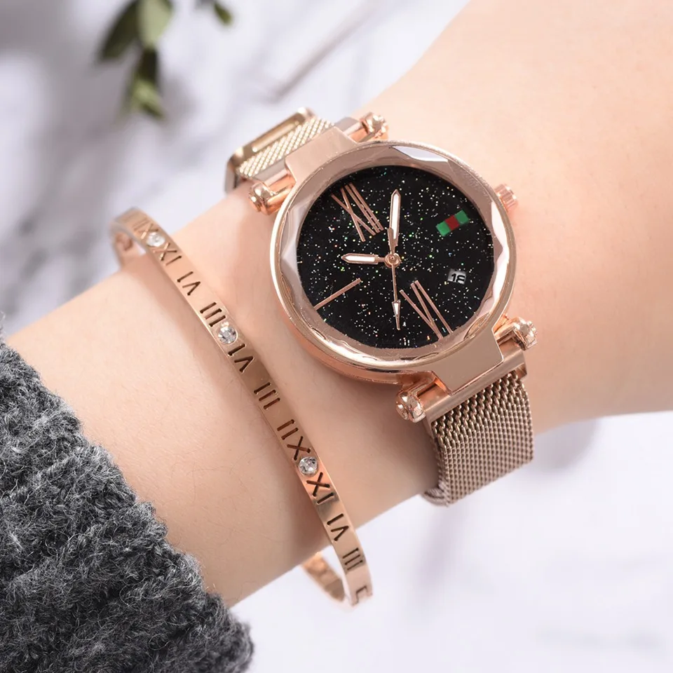 

Luxury Rose Gold Women Watches Minimalism Starry sky Magnet Buckle Fashion Casual Female Wristwatch Waterproof Roman Numeral