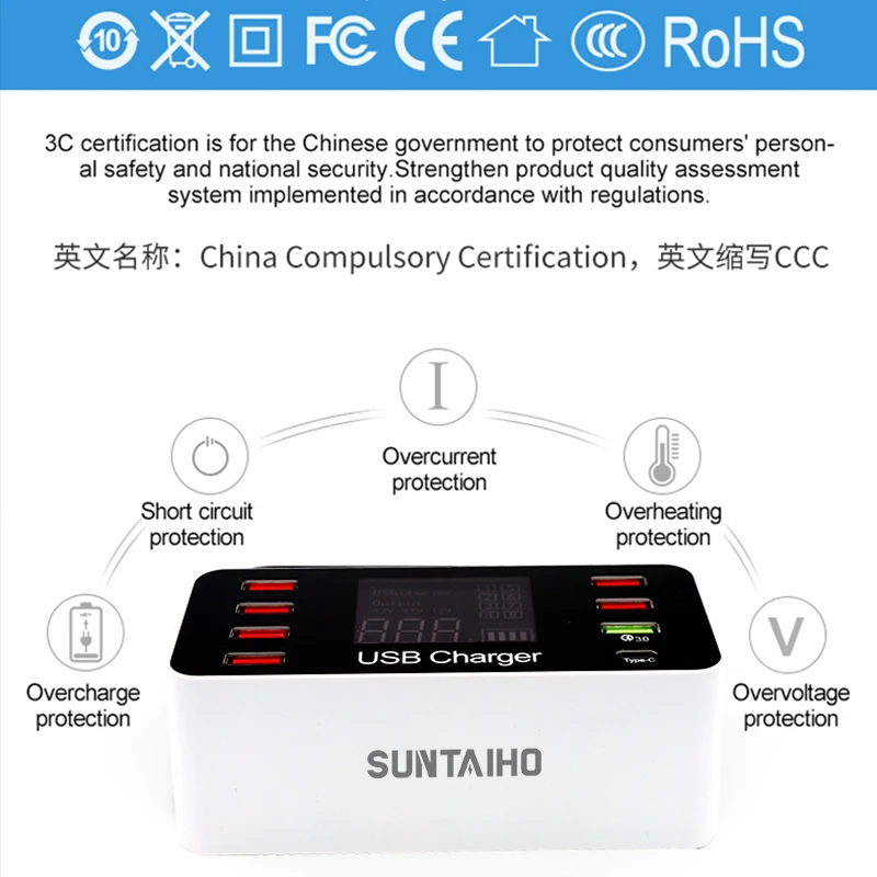 Suntaiho порт USB зарядное устройство Quick Charge 3,0 8 портов настольная несколько USB зарядная станция светодиодный дисплей Быстрая зарядка EU US UK AU Plug