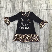 Хэллоуин осень/зима для маленьких девочек из молочного шелка, кошка, мяу хлопчатобумажное платье рюшем «под леопарда» Детская одежда из бутика длиной до колен с длинными рукавами