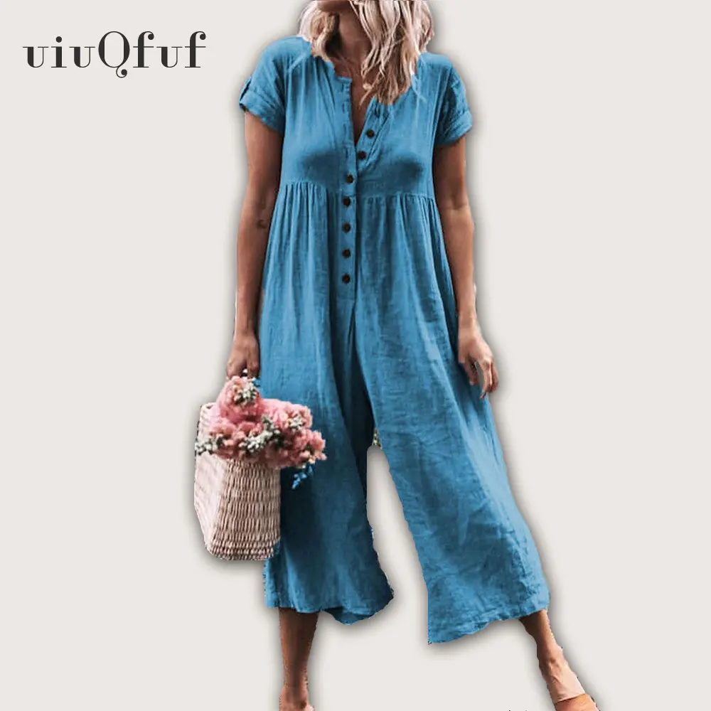 

Wide Leg Trousers Jumpsuit Casual Short Sleeve Summer Overalls Button Office Ladies Jumpsuits Loose Fashion Solid Bodysuits