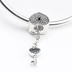 925 пробы серебряный замок талисманы ключ к моему сердцу с кристаллами кулон Бусины Fit DIY браслет для женщин подарок