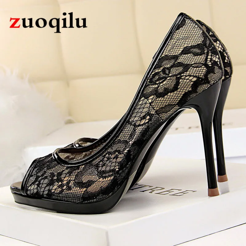

women pumps 2018 sexy Lace peep toe platform high heels women shoes designer wedding shoes winter black