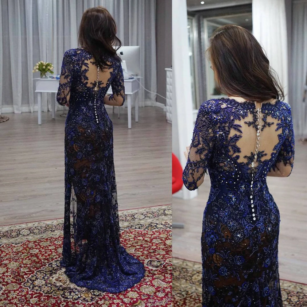 

Luxury Lace Mother of the Bride Dresses with Full Sleeve Appliqued Sheath V Neck Navy Blue Mother of he Bride Lace Dress