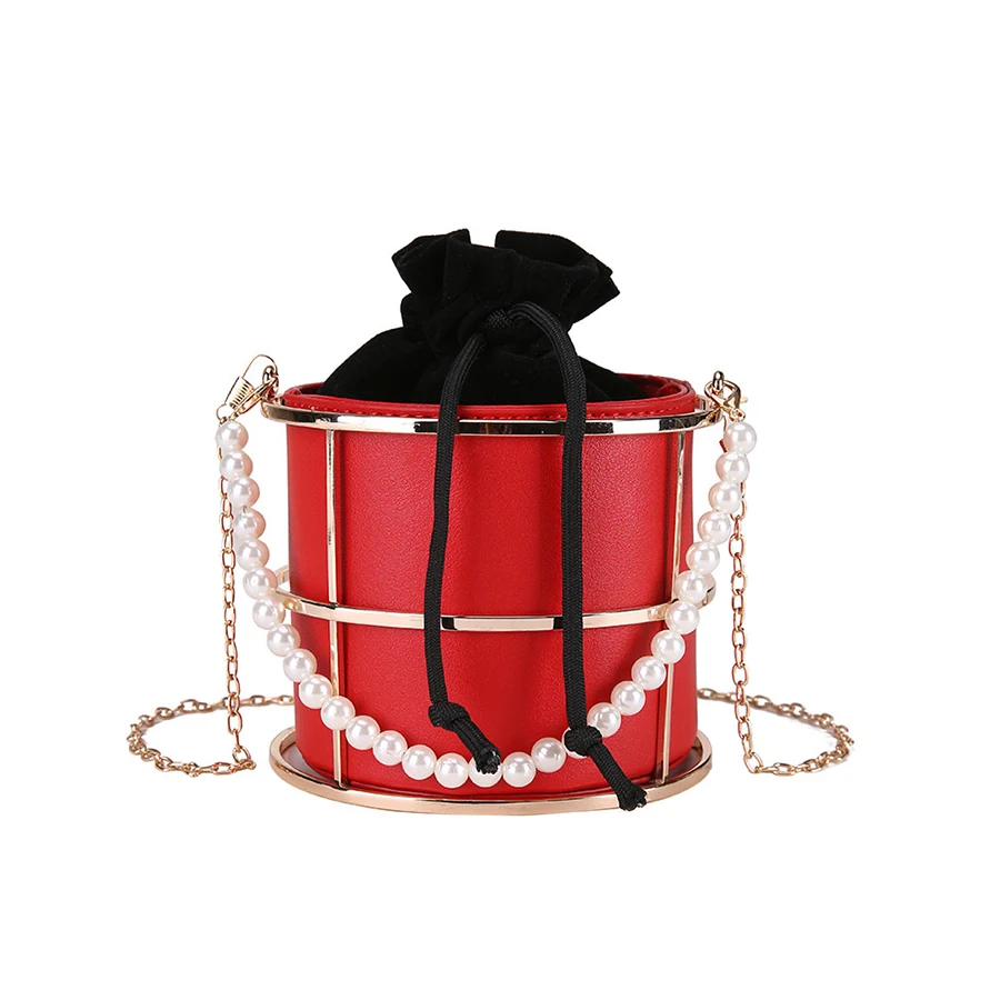 

2018 Autumn Winter Funny Bird Cage Pearl Bag Chain Women Shoulder Bag Bucket PU Leather Design Quality Handbag Bolsa de perlas