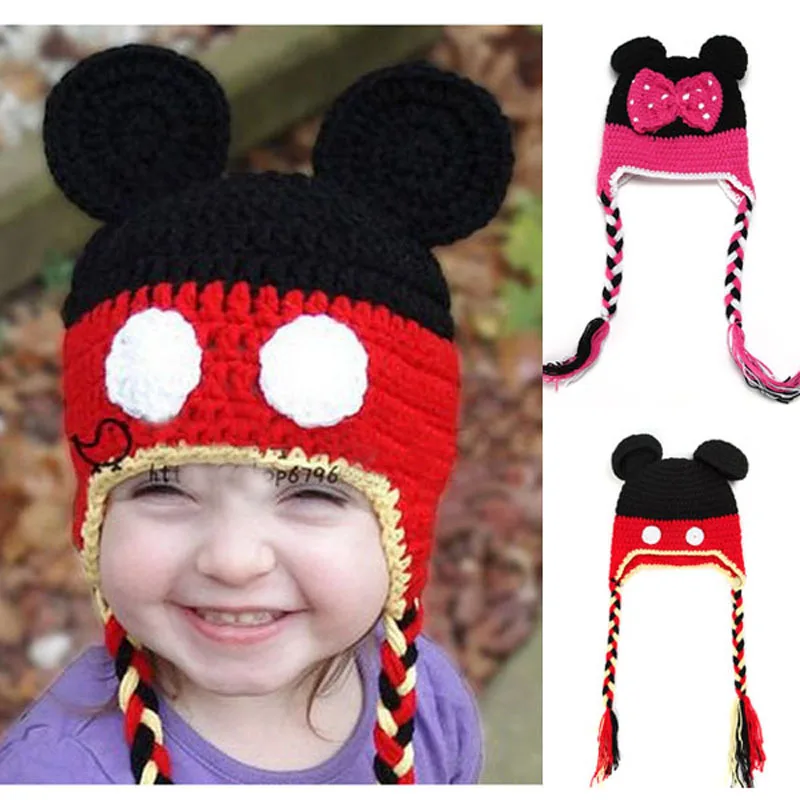 

Cartoon Mickey Minnie Baby Hat Hand Crocheted Infant Newborn Earflaps Beanie Cap Newborn Knitted Photography Props H060