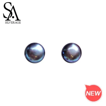 

SA SILVERAGE 925 Sterling Silver Freshwater Pearls Round Stud Earrings for Woman Black Pearl Earrings 925 Silver Fine Jewelry