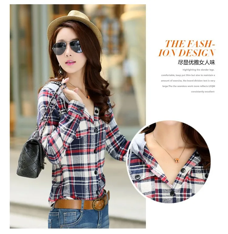 New 2018 Spring Women Shirt Fashion Plaid Hooded Shirt Flannel Shirt Long Sleeve Women Blouses Shirt Cotton Blusas British style 25