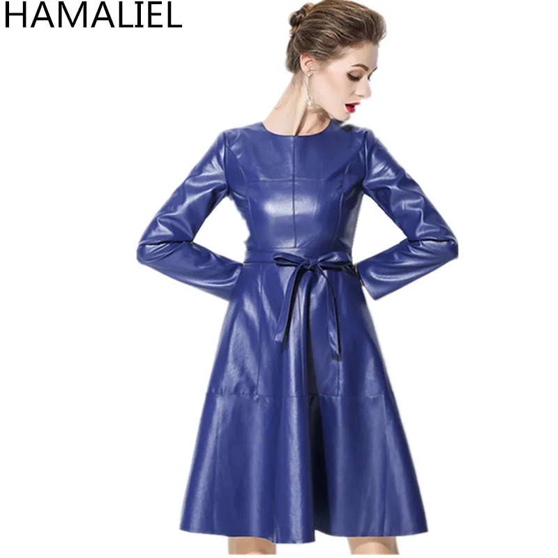 Платье из искусственной кожи HAMALIEL размера плюс новинка весны 2018 женское синее