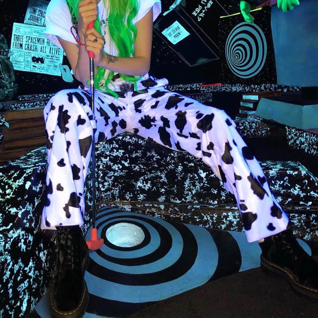 

Cow Printed Funny Stylish Loose Trousers Women Sweatpants Loose Vintage 90s Fashion Casual Straight Pants Spodnie Femme