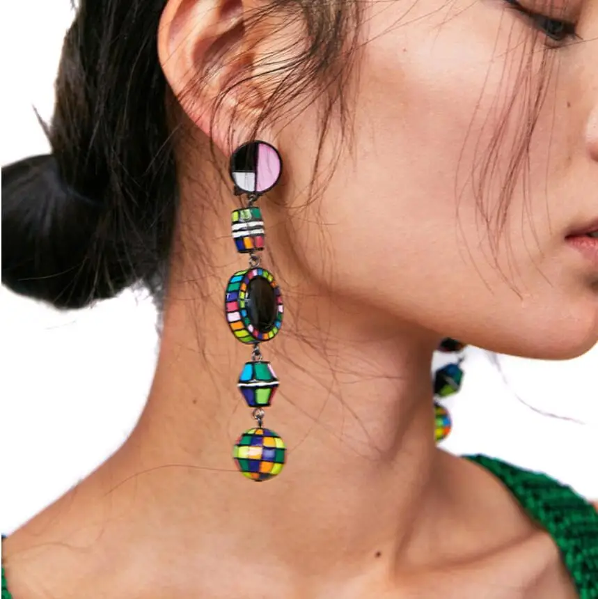 

JURAN 2019 new arrival vingtage Multi color Geometric drop earring za Long statement stone fashion Drop Earrings for women