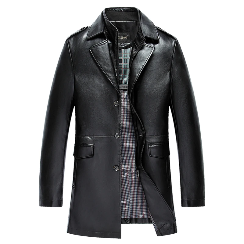 Зимние мужские Длинные Куртки из искусственной кожи, деловые повседневные куртки и пальто с отложным воротником, Chaqueta Cuero Hombre