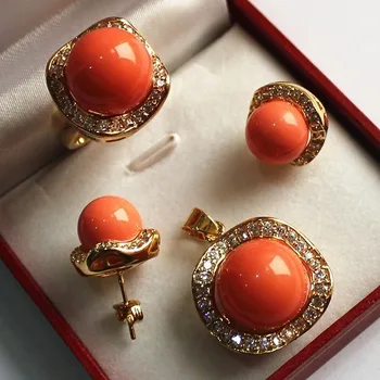 

AAA+ natural Jewelry set 12-14mm orange shell pearl,ring, pendant & stud earring