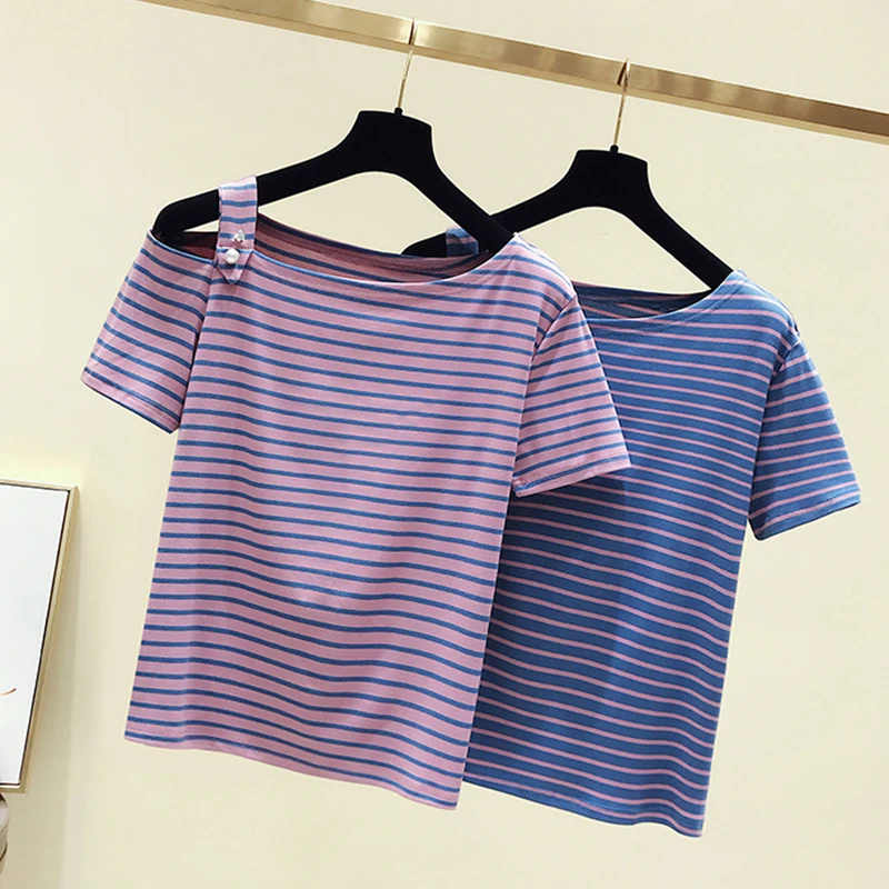 gkfnmt T-Shirt Cotton Striped Slash Neck T Shirt Women Ladies Tshirt Summer Top Female Short Sleeve Casual Tee Shirt Femme