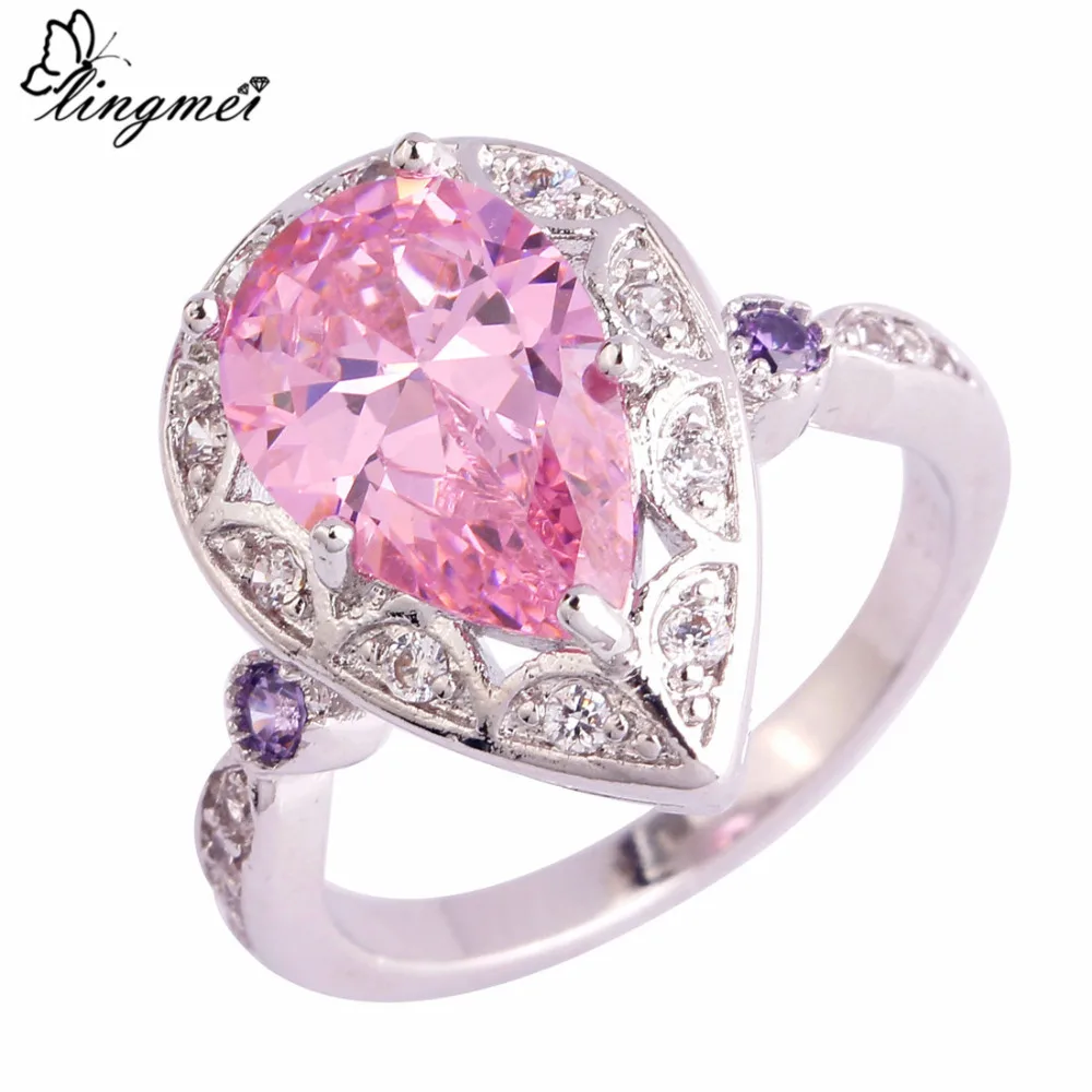 

lingmei Wholesale Pear Cut Pink & White CZ Purple Silver Color Ring Size 6 7 8 9 10 11 For Fashion Women Engagement Jewelry