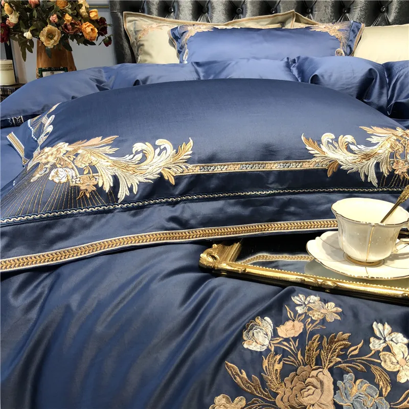 Discount Champagne Blue White Luxury Royal Embroidery 100S Egyptian Cotton Palace Bedding Set Duvet Cover Bed sheet/Linen Pillowcases 41